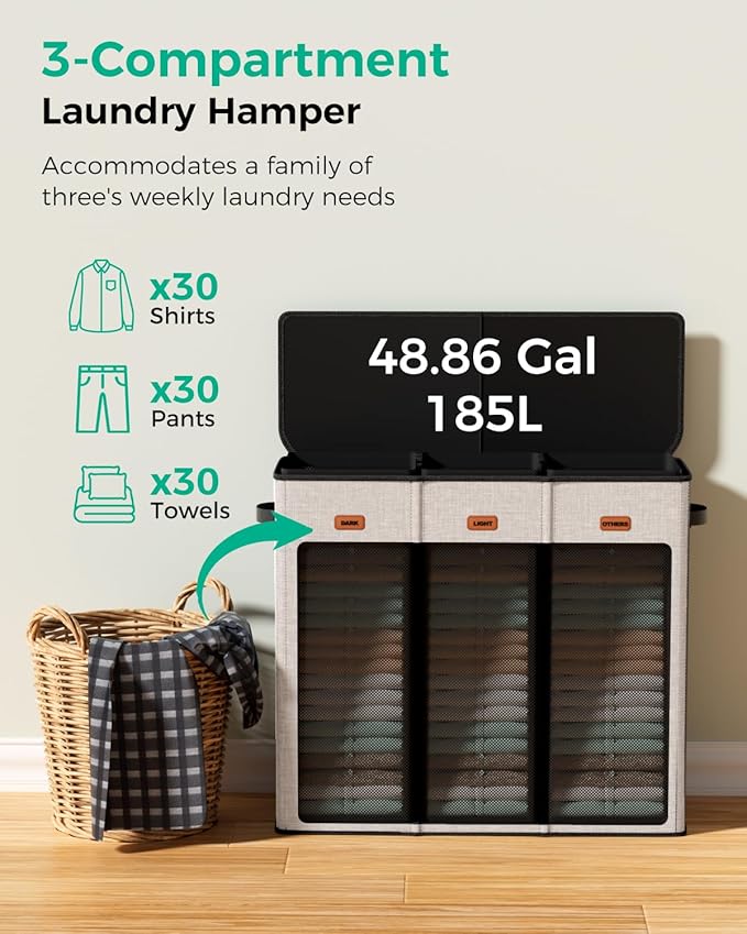 185L Laundry Hamper with Lid, 3 Section Laundry Sorter, Dirty Clothes Hamper with 3 Removable Bags, Extra Large Collapsible Laundry Basket for Home, Laundry Room
