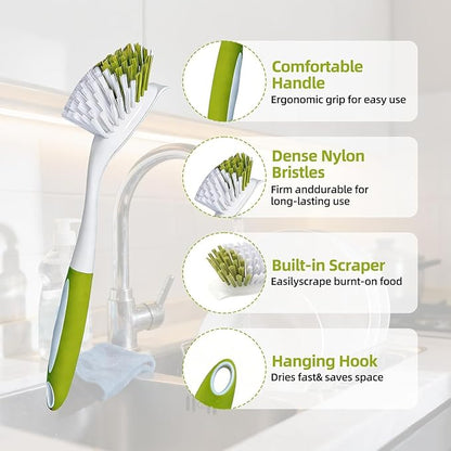 Dish Brush Scrub Brush with Handle - 3 Pack Stiff Bristles Dish Scrubber for Cleaning Dishes, Pots, Pans, Sink, Cast Iron - Hard Bristles,No Residue
