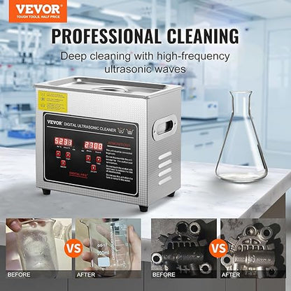 VEVOR Ultrasonic Cleaning Machine with Digital Timer & Heater, Professional Jewelry Cleaner, Stainless Steel Heated Cleaning Machine for Glasses Watch Rings Small Parts Circuit Board (3L)