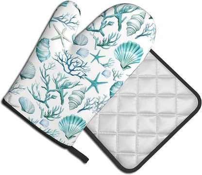 Nautical Oven Mitts and Pot Holders Sets Coastal Kitchen Mitts Potholders 2PCS Summer Starfish Seashell Coral Beach Oven Gloves Hot Pads for BBQ Grilling