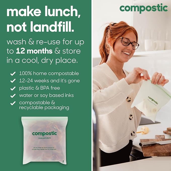 Compostic Compostable Snack Bags, Snack Size (200 Count) Bulk Pack — Resealable Zip-Seal, Plant-Based, Home Compostable, Freezer Safe, BPA-Free, Non-Toxic, GMO-Free Food Storage Bags