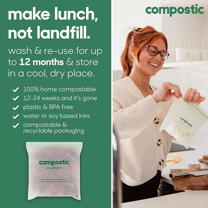 Compostic Compostable Snack Bags, Snack Size (200 Count) Bulk Pack — Resealable Zip-Seal, Plant-Based, Home Compostable, Freezer Safe, BPA-Free, Non-Toxic, GMO-Free Food Storage Bags