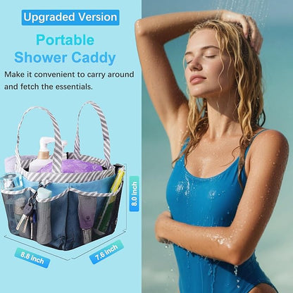 Haundry Mesh Shower Caddy Portable for College Dorm Room Essentials, Shower Caddy Tote with 8 Pockets Large Capacity, Shower Bag for Beach, Swimming, Gym, Light Blue