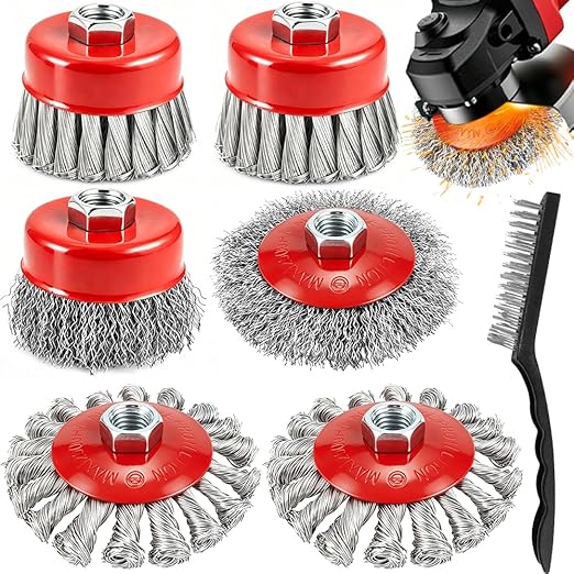 7-Pack Wire Wheel for 4-1/2" Angle Grinder, 4 Inch Carbon Steel Knotted Twist & Crimped Wire Wheels, 3" Stainless Cup Brush Set, Fits 5/8"-11 UNC Arbor for Rust, Paint, Metal Removal & Cleaning