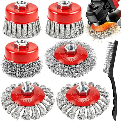 7-Pack Wire Wheel for 4-1/2" Angle Grinder, 4 Inch Carbon Steel Knotted Twist & Crimped Wire Wheels, 3" Stainless Cup Brush Set, Fits 5/8"-11 UNC Arbor for Rust, Paint, Metal Removal & Cleaning