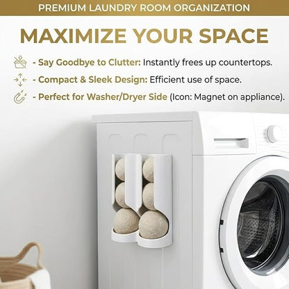 Magnetic Dryer Ball Holder for Laundry Room Organization - Space-Saving Wool Dryer Ball Storage Rack, Strong Magnet Mounts to Washer & Dryer, Holds 6+ Standard Balls, Two Ways to Use,Minimalist Design