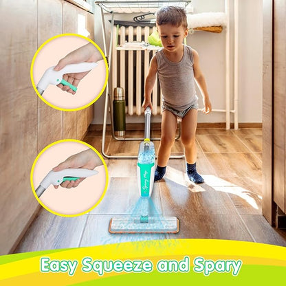 Kids Spray Mop with Refillable Microfiber Pads, and Cleaning Brush, Kids Cleaning Set for Ages 3+, Designed with Smaller Hands in Mind