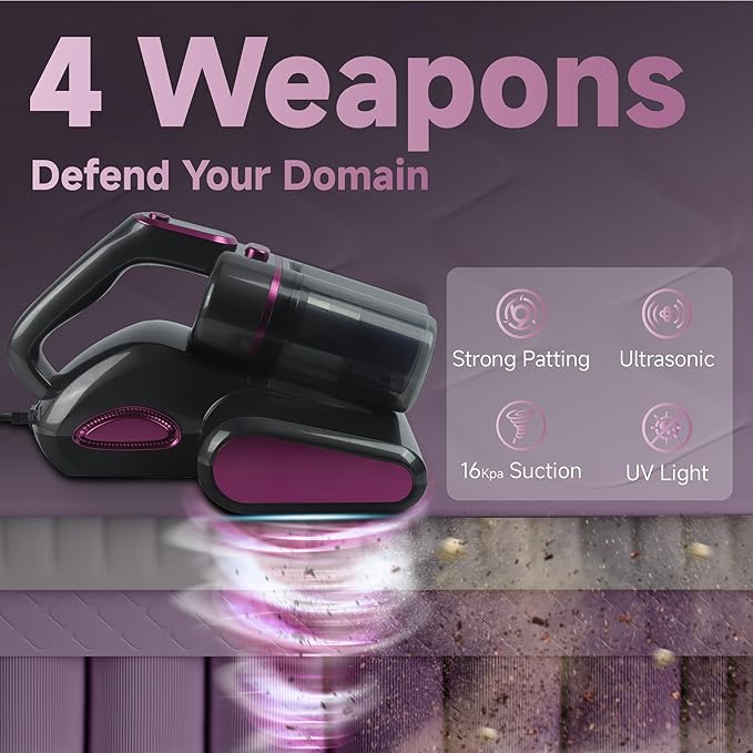 Mattress Bed Vacuum Cleaner 16Kpa Strong Suction, 20ft Corded Couch Cleaner with 253.7nm UV-C Light,Ultrasonic, Deep Cleaning Handheld Vacuum for Dust, Pets Hair (Grey, 600W)