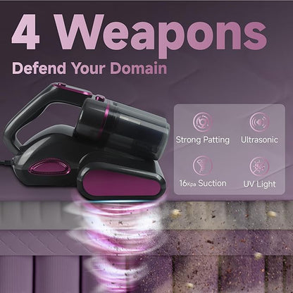 Mattress Bed Vacuum Cleaner 16Kpa Strong Suction, 20ft Corded Couch Cleaner with 253.7nm UV-C Light,Ultrasonic, Deep Cleaning Handheld Vacuum for Dust, Pets Hair (Grey, 600W)