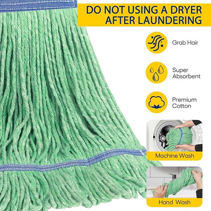 Matthew Cleaning Heavy Duty Mop Head Commercial Replacement for General and Floor Cleaning , Wet Industrial Blue Cotton Looped End String Head Refill (Pack of 12) Green