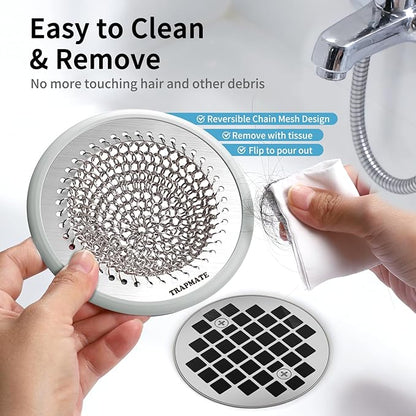 TRAPMATE Shower Drain Hair Catcher, Patented Bathtub Stopper Drain Strainer Kit, Fast Drainage Stainless Steel Shower Drain Cover for US Standard Flat Drains of Bathroom and Shower Room