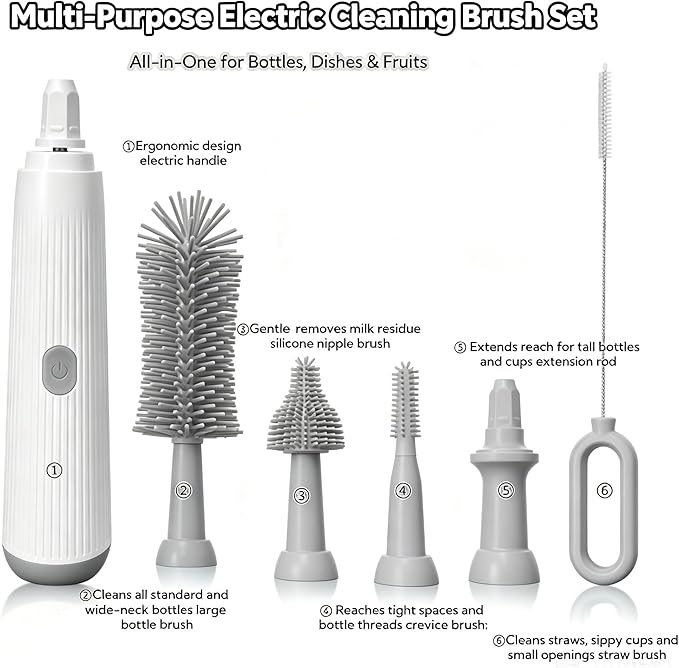 Electric Bottle Brush Set, 6-in-1 Electric Cleaning Brush with Waterproof Silicone Cleaner, 3 Replaceable Brush Heads, Straw Brush & Extension Rod, for Baby Feeding Supplies and Kitchen Utensils