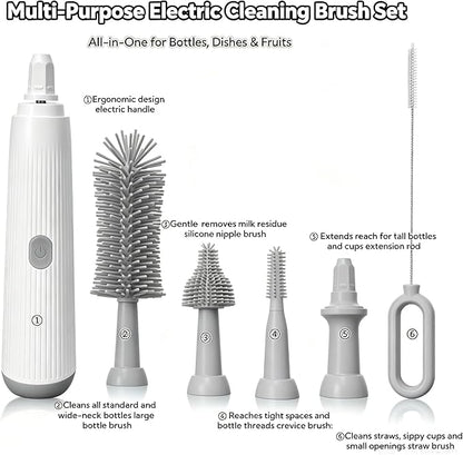 Electric Bottle Brush Set, 6-in-1 Electric Cleaning Brush with Waterproof Silicone Cleaner, 3 Replaceable Brush Heads, Straw Brush & Extension Rod, for Baby Feeding Supplies and Kitchen Utensils
