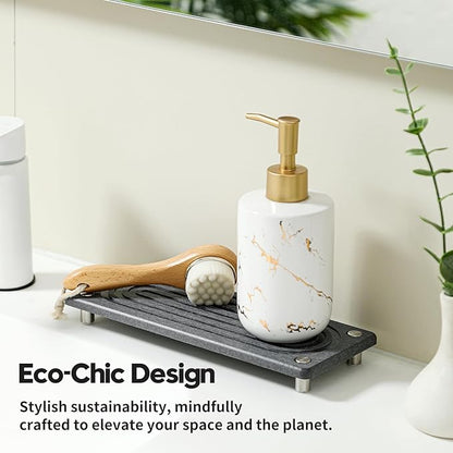 Razborci Water Absorbing Stone Sink Caddy Kitchen Sink Organizer Tray, Diatomite Bathroom Counter Tray, Faucet Drying Mat Coaster Soap Dish Rack Riser Dispenser Sponge Holder, Charcoal 10" x 4"