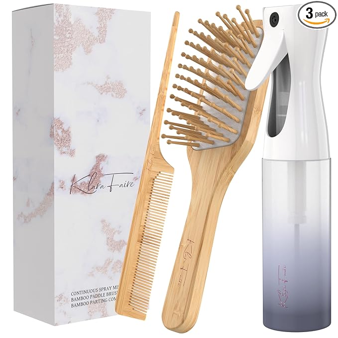 Bamboo brush, rat tail combs & hair mister spray bottle | Natural Bamboo hair brush and Wooden Comb w/fine mist spray bottles | Perfect Heatless hair curler set (Black Silver)