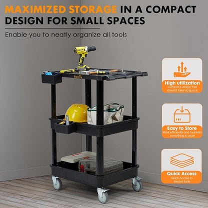ELAFROS 3-Tier Utility Cart with Flat Top and Deep Shelves, 27.5 x 18.25, Compact Rolling Cart with 4" Wheels, Heavy-Duty Plastic, 330 lbs Capacity for Office, Workshop, Warehouse