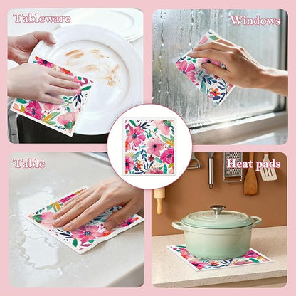 Mixed Flowers Swedish Kitchen Dishcloths Dish Towels 6 Pack, Flowers Dish Towels for Kitchen, Swedish Dishcloth with Flower, Paper Towels Reusable, Dish Cloth Towel Cleaning Wipe for Home Party
