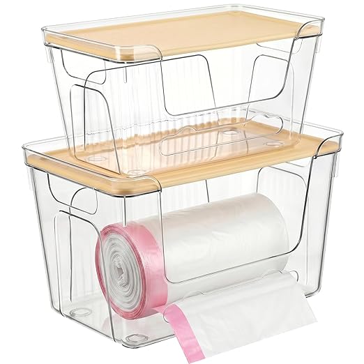CANTAMI 2 Pack Trash Bag Dispenser with Lid, Plastic Stackable Trash Bag Holder, Clear Organizer Bins for Kitchen, Laundry Room, Under Sink Organization and Storage