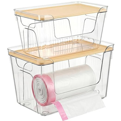 CANTAMI 2 Pack Trash Bag Dispenser with Lid, Plastic Stackable Trash Bag Holder, Clear Organizer Bins for Kitchen, Laundry Room, Under Sink Organization and Storage