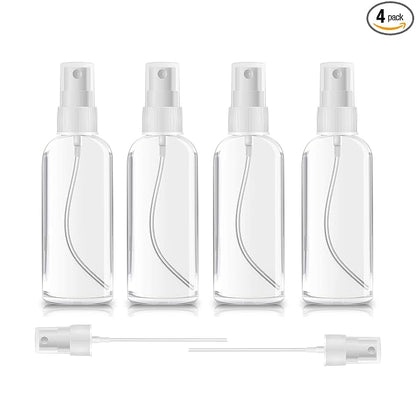 ZEROFIRE 4 Pack Spray Bottles 2oz Clear Plastic Empty Refillable Mini Spritzer for Travel, Cleaning, Gardening, Skin Care Atomizer for Essential Oils, Perfume