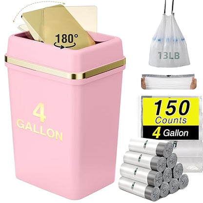 Bathroom Trash Can with Lid 4 Gallon Pink Trash Can Bedroom Trash Can Small Garbage Can with 150 Counts Trash Bags for Small Bathroom Bedroom Office