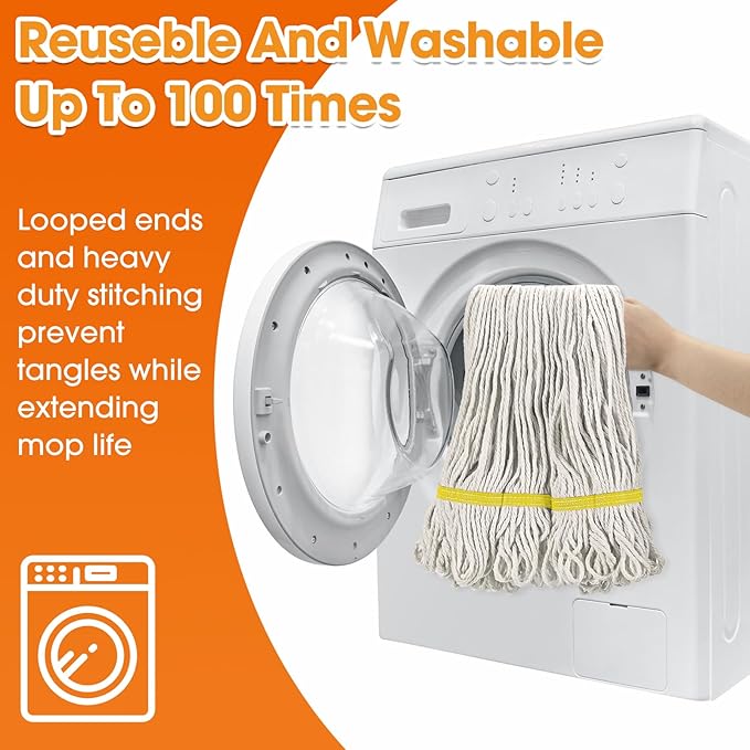 Eccliy 6 Pack Mop Heads Replacement Commercial Industrial Mop Heads Heavy Loop End Cotton String Heavy Duty Refills Wet Washable Refills for Home General Floor Cleaning (White,Yellow)