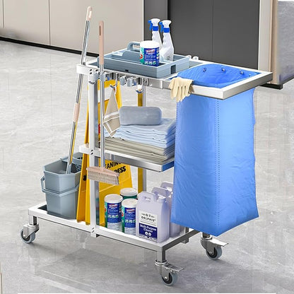 Stainless Steel Commercial Janitorial Cart,360°with Wheels Rolling Janitorial Cart Stainless Steel,3-Shelf Shelves and Vinyl Bag Housekeeping Cleaning Cart (200 Lbs)