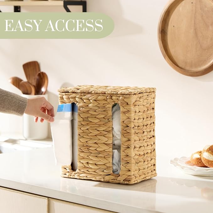 YANGQIHOME Trash Bag Dispenser with Lid, Water Hyacinth Plastic Bag Holder & Grocery Bag Holder for Kitchen, Cabinet and Countertop, 2 Slots