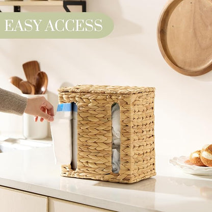 YANGQIHOME Trash Bag Dispenser with Lid, Water Hyacinth Plastic Bag Holder & Grocery Bag Holder for Kitchen, Cabinet and Countertop, 2 Slots