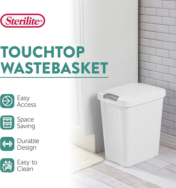 Sterilite 7.5 Gallon TouchTop Wastebasket Trash Can with Pop Up Lid for Kitchen, Bathroom, Mudroom or Office, 4 Pack, White