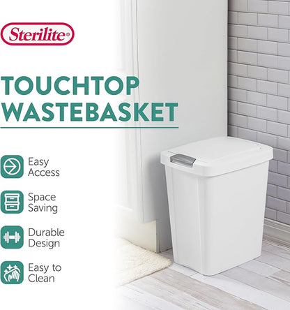 Sterilite 7.5 Gallon TouchTop Wastebasket Trash Can with Pop Up Lid for Kitchen, Bathroom, Mudroom or Office, 4 Pack, White