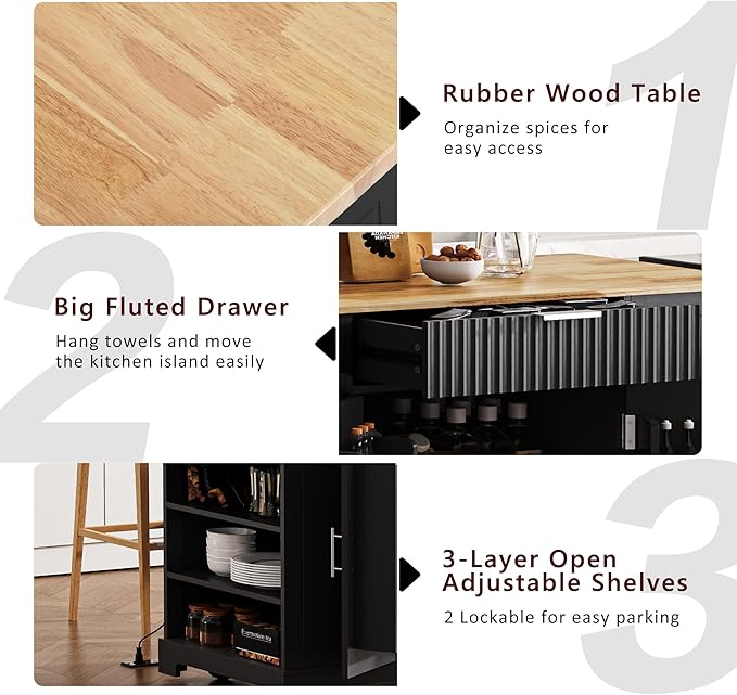 48.5" Kitchen Island with Trash Can Storage Cabinet, Power Outlet, Internal Storage Rack, Rolling Kitchen Islands Cart on 5 Wheels with 3 Drawers, 3 Open Side Racks, Black