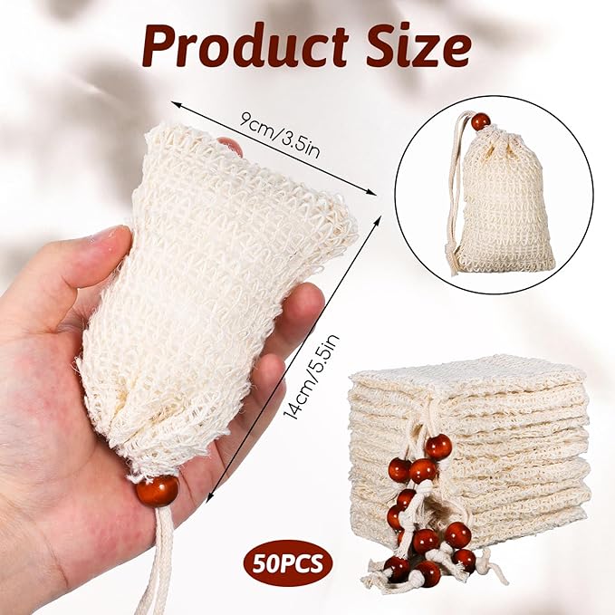 50 Pcs Soap Saver Bag, 5.5 × 3.5 Inch Natural Cotton Linen Soap Pouch Mesh Exfoliating Hand Made Soaps Savers with Drawstring for Bath, Shower, Massaging