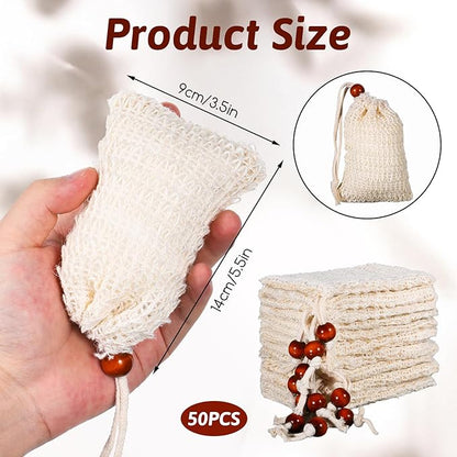 50 Pcs Soap Saver Bag, 5.5 × 3.5 Inch Natural Cotton Linen Soap Pouch Mesh Exfoliating Hand Made Soaps Savers with Drawstring for Bath, Shower, Massaging