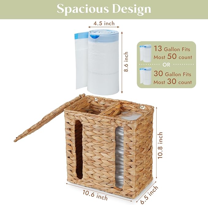 YANGQIHOME Trash Bag Dispenser with Lid, Water Hyacinth Plastic Bag Holder & Grocery Bag Holder for Kitchen, Cabinet and Countertop, 2 Slots