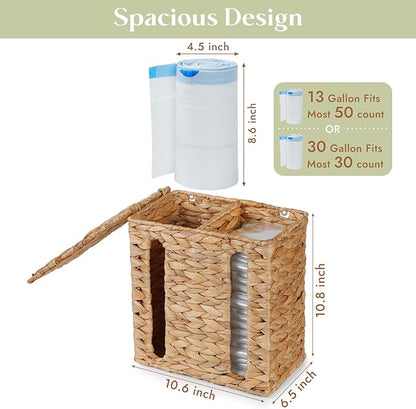 YANGQIHOME Trash Bag Dispenser with Lid, Water Hyacinth Plastic Bag Holder & Grocery Bag Holder for Kitchen, Cabinet and Countertop, 2 Slots