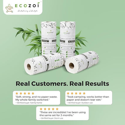 Ecozoi Bamboo Rayon Reusable Towels - 4 Pack | Equivalent to 80 Regular Rolls | 70% Rayon from Bamboo and 30% Cotton Kitchen Paper Rolls | 50 Times More Usage than Regular Paper Rolls