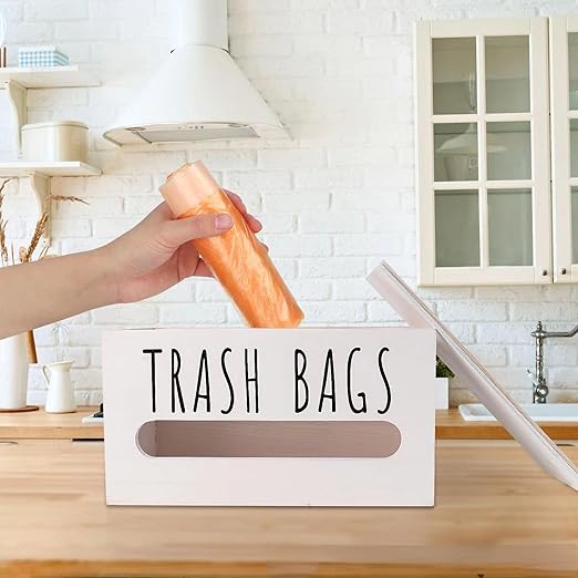 Trash Bag Dispenser, Wall Mount Trash Bags Holder Dispenser with Lid Wooden Kitchen Trash Bag Roll Organizer Plastic Garbage Bag Storage for Cabinet. (White)