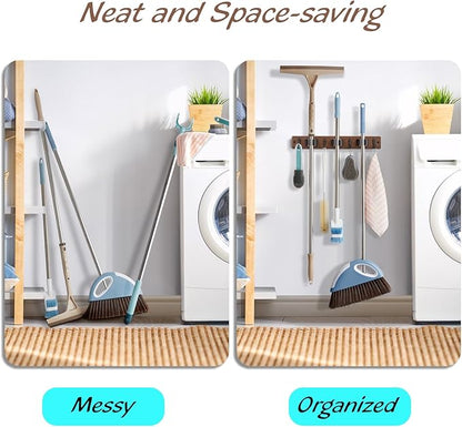 OUTNILI 2 Pack Mop Broom Holder Wall Mount with 3 Slots & 4 Hooks - Rustic Wood Broom Mop Hanger for Pantry Kitchen Organization - Garden Tool Organizer for Closet Laundry Room