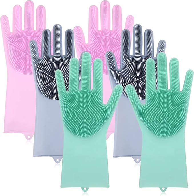 Silicone Scrubbing Gloves 12" Set of 3 Pairs for Kitchen, Bathroom, pet, Car Wash, Cleaning, Reusables