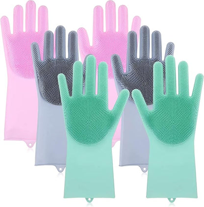 Silicone Scrubbing Gloves 12" Set of 3 Pairs for Kitchen, Bathroom, pet, Car Wash, Cleaning, Reusables
