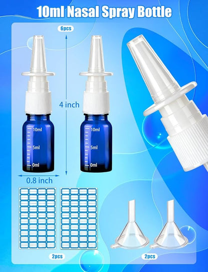 10 Pcs Nasal Spray Bottle, 10ML/0.35OZ 6Pcs Glass Empty Blue Scale Nose Spray Bottles Refillable with 2 Funnels and 2 Labels
