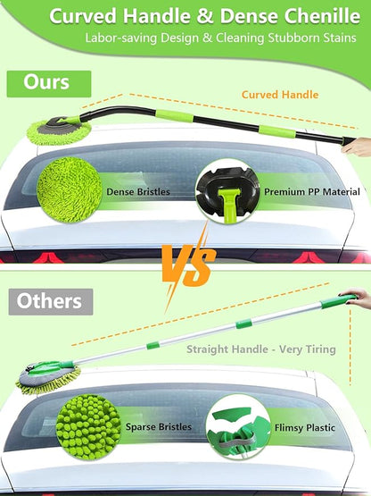 Curved Car Wash Brush Mop 47" with Long Handle Sturdy Metal Pole 3 Grip Points Washing Wand Auto Cleaning Tool Kit Scratch-Free Chenille Microfiber Soft Duster for Cars RV SUV Truck Caravan Van Window