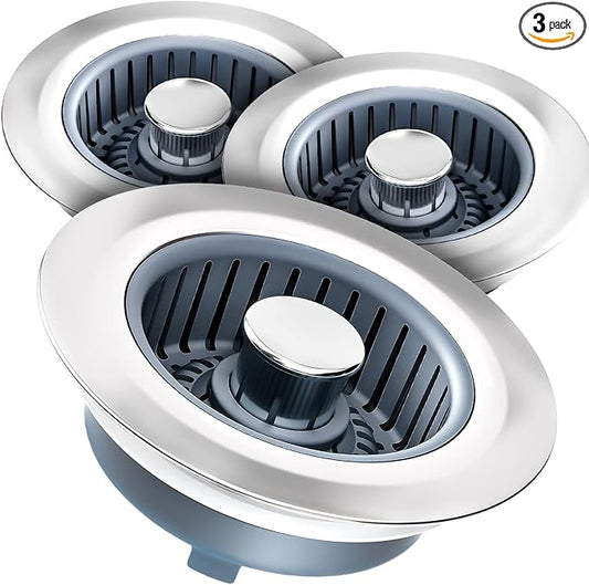 Kitchen Sink Drain Strainer & Sink Stopper, Upgraded 3 in 1 Stainless Steel Drain Plug Combo with Anti-Clog Basket, Pop Up Drain Cover for Standard 3-1/2'', Fits Double Bowl Kitchen Sinks