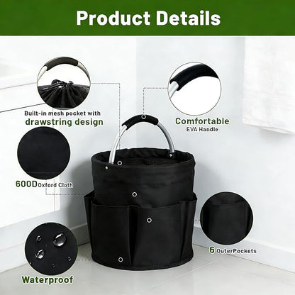 17L Foldable Cleaning Caddy with Handle - Portable Oxford Fabric Storage Bucket, Organiser for Cleaning Supplies, Toiletries, Home, Garden, Picnic & Beach (Black)