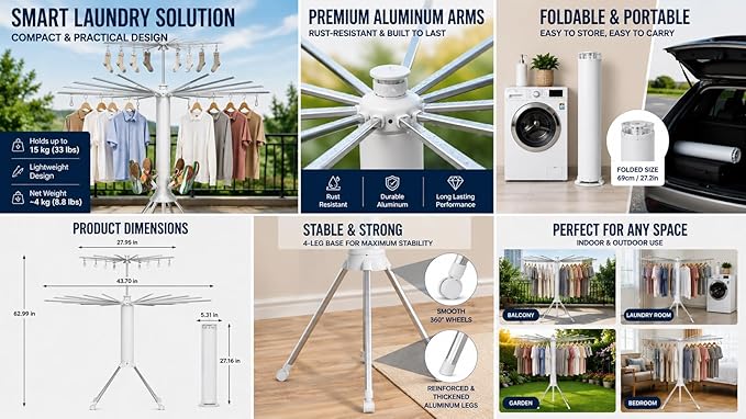 Tripod Clothes Drying Rack, Space Saving Rust-Proof Aluminum, Rotating Foldable Portable Stand for Laundry, Indoor & Outdoor Garment Rack + Bonus Lint Roller