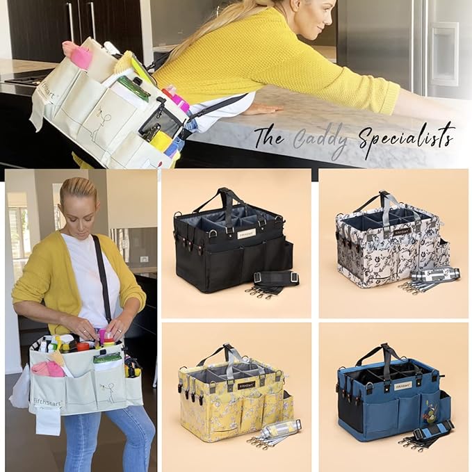 Cleaning Caddy for Cleaning Supplies - Large Cleaning Bag Organizer Tote with Shoulder Strap, Mesh Base & Adjustable Dividers - Heavy Duty Cleaning Bags for Housekeepers (Blue Check, Large)