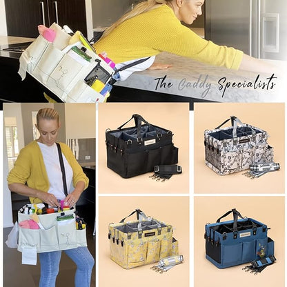 Cleaning Caddy for Cleaning Supplies - Large Cleaning Bag Organizer Tote with Shoulder Strap, Mesh Base & Adjustable Dividers - Heavy Duty Cleaning Bags for Housekeepers (Blue Check, Large)