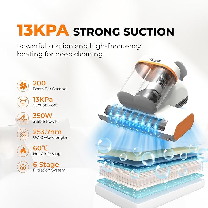 Rosewill Mattress Vacuum Cleaner: UV-C Light & High Heating Tech, 350W 13Kpa Strong Suction, Deep Cleaning Bed Handheld Vacuums for Sofa/Bed/Pet Hair, Corded - Orange
