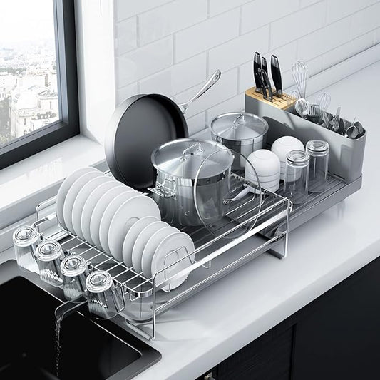 Kitsure Large Dish Drying Rack - Extendable Dish Rack, Multifunctional Dish Rack for Kitchen Counter, Anti-Rust Dish Drainers with Cutlery & Cup Holders 19.2"-26.7" L x 12.9" W, Sliver